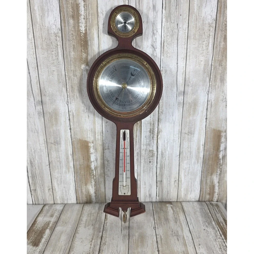 VTG Taylor Mahogany Banjo Wood Weather Station Barometer Thermometer Mid Century